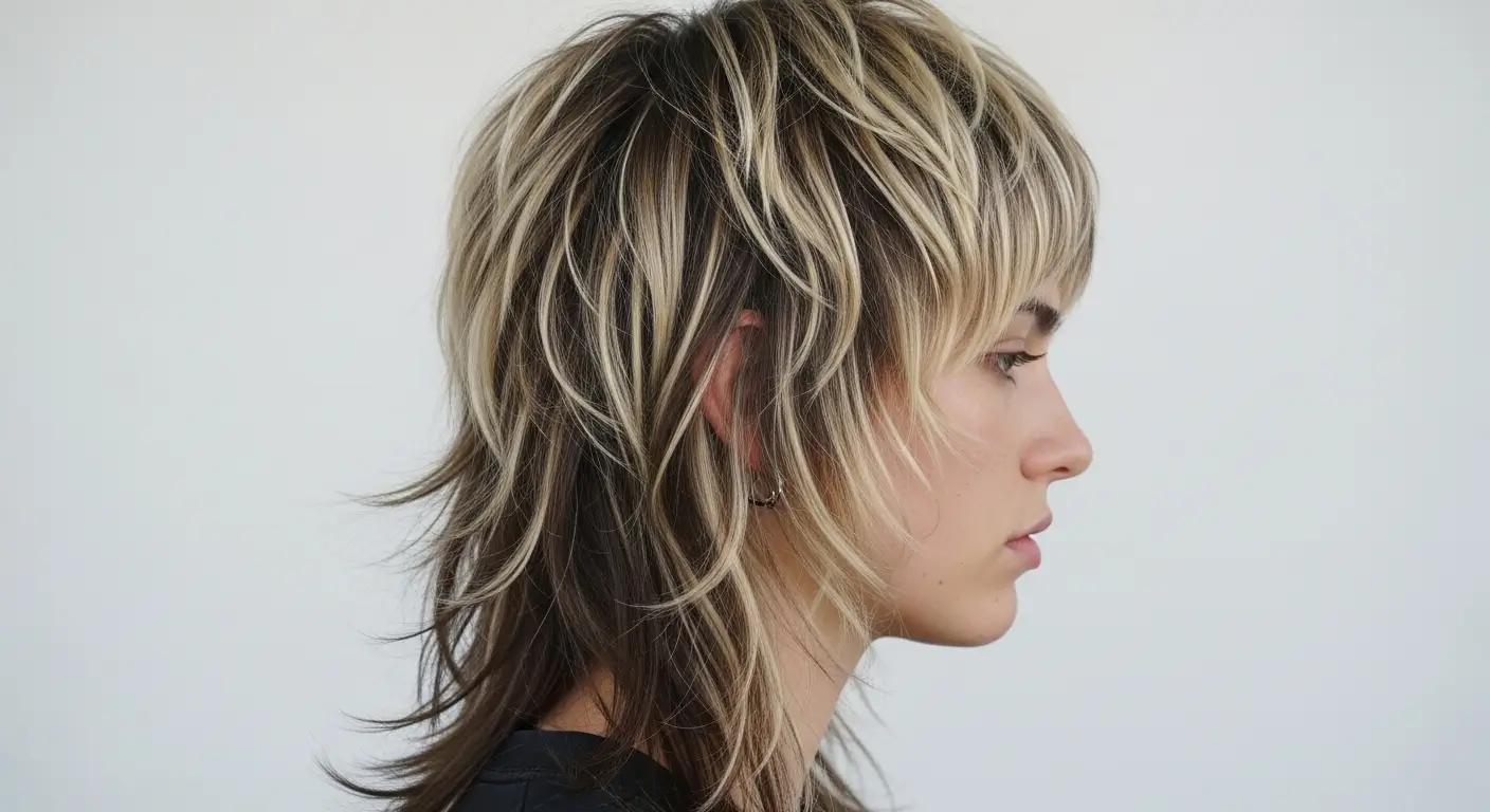 Shaggy mullet with blonde highlights